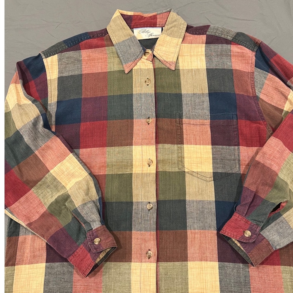 Blue Spruce Vintage Plaid Button Down Shirt Multi Color Cotton Large 90s Grunge